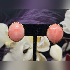 Avon vintage boho faux rose quartz look oval clip earrings with gold tone bezel